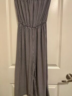 Ardene Navy and White Vertical Striped Strapless Jumpsuit